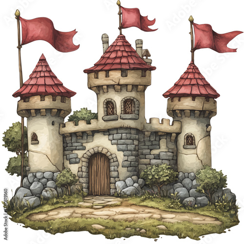 Castle Banner, watercolor clipart vector, isolated on a white background.