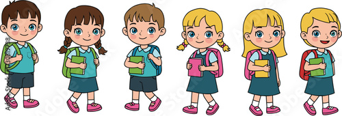 Cartoon school children with backpacks, smiling boys and girls, holding books, cute students standing together, education concept, colorful vector illustration