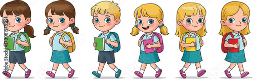 Cartoon school children walking with backpacks, smiling boys and girls holding books, cute students, education concept, colorful vector character illustration