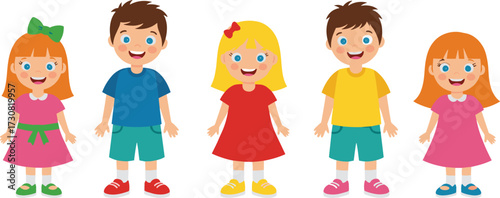 Cartoon vector illustration of happy children group, smiling boys and girls standing together, colorful clothes, friendship, fun childhood character design