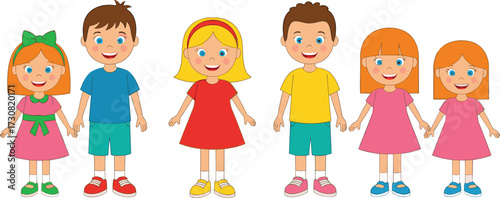 Cute cartoon children standing together, happy boys and girls in colorful clothes, smiling kids group illustration, friendship, childhood, vector design