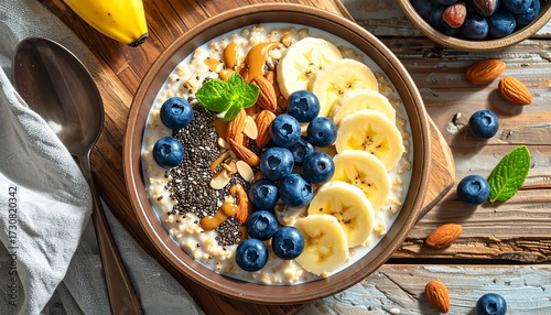 Healthy Oat Bowl With Banana, Blueberries, Greek Yogurt