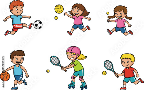 Happy children playing different sports activities, soccer, basketball, volleyball, tennis, roller skating, wearing colorful clothes, smiling, fun, active lifestyle