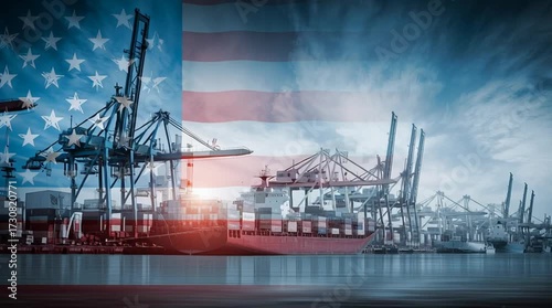 Double exposure of the USA flag waving over an industrial harbor with cargo ships and cranes. Concept of American economy, trade, and logistics
