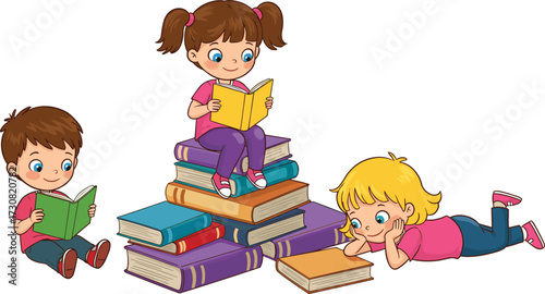 Happy children reading books, cartoon kids studying, boy and girls with colorful book stack, education learning, school library, knowledge illustration