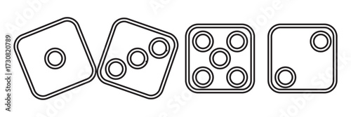 Set of minimalist dice face icons from one to five presented in two graphic styles, a simple black outline and a solid inverted black and white version for gaming concepts. EPS 10.