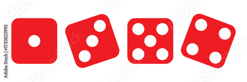 Casino dice icon collection, red dice, one to five dot faces, game dice symbols, vector illustration bundle. EPS 10.