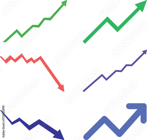 Colorful Arrow Line Graph Icons Showing Growth and Decline Trends Vector Set