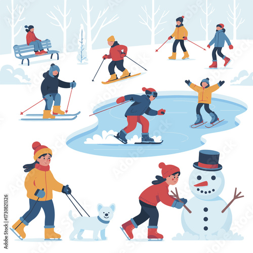 Flat Vector Illustration of People Doing Winter Activities in the Park