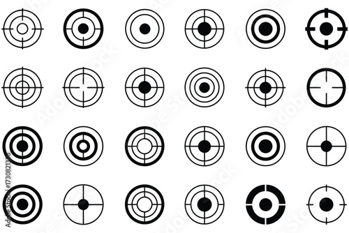 Diverse collection of black target and crosshair icons, symbolizing precision, focus, and objective achievement, perfect for graphic design and conceptual projects