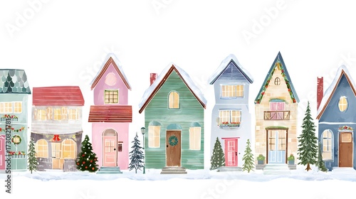 Cute cartoon houses in winter. Flat illustration on a white background. Hand drawn watercolor illustration of houses in the city. Christmas card