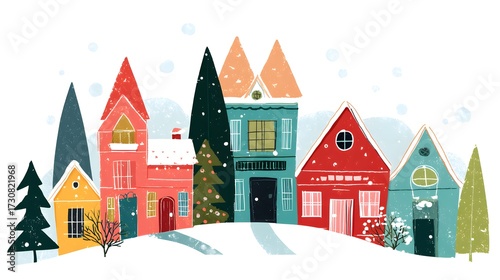 Cute cartoon houses in winter. Flat illustration on a white background. Hand drawn watercolor illustration of houses in the city. Christmas card