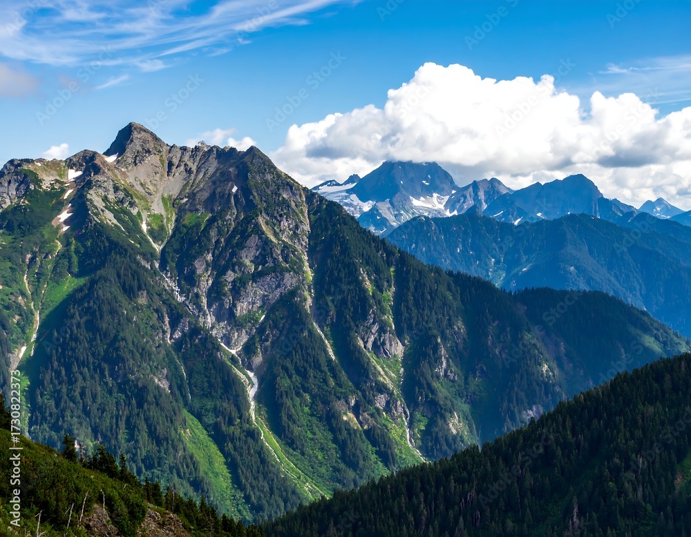 Fototapeta premium Mountain range landscape under a partly cloudy sky