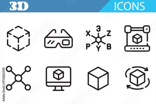 CAD/CGI Icon Set — Line Symbols for Modeling, UV, Shading, Perspective, Object
