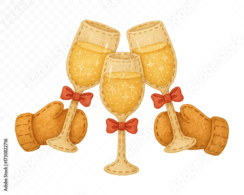 Felt style watercolor champagne glasses trio clinking together, held by brown stitched mittens with red bows, golden sparkling drink, festive handmade holiday and New Year party design. Vector illustr