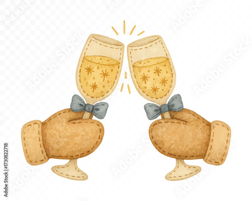 Felt style watercolor champagne glasses clinking in toast, held by brown stitched mittens with blue bows, golden sparkling drink, festive handmade holiday celebration. Vector illustration.
