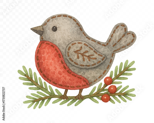 Felt style watercolor Christmas bird with stitched details, brown and red bullfinch sitting on pine branch with green needles and red berries, cute handmade festive holiday design. Vector illustration
