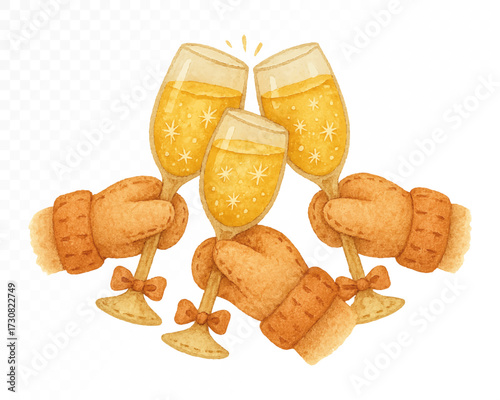Felt style watercolor champagne glasses trio clinking in toast, held by brown stitched mittens with bows, golden sparkling drink, festive handmade holiday and New Year design. Vector illustration.