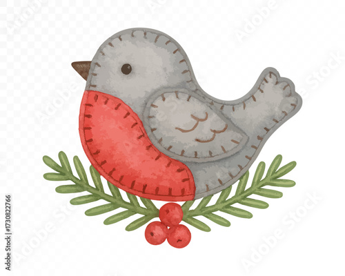 Felt style watercolor Christmas bird with stitched details, brown and red bullfinch sitting on pine branch with green needles and red berries, cute handmade festive holiday design. Vector illustration