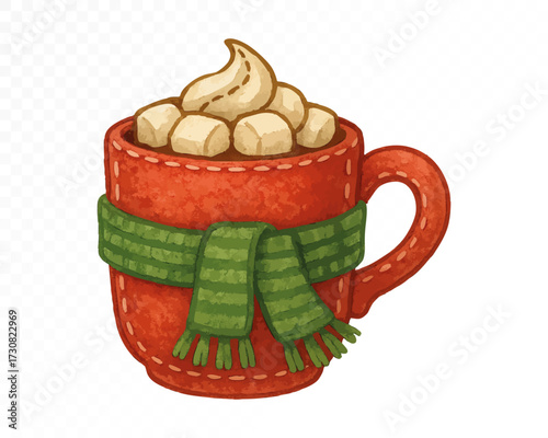 Red felt style watercolor Christmas mug with stitched details, decorated with green cozy scarf, filled with marshmallows and whipped cream, festive winter hot chocolate. Vector illustration.