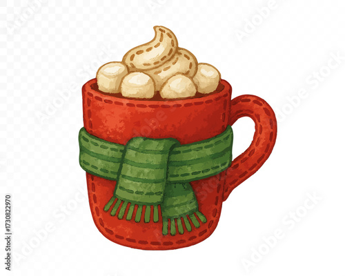 Red felt style watercolor Christmas mug with stitched details, decorated with green cozy scarf, filled with marshmallows and whipped cream, festive winter hot chocolate. Vector illustration.