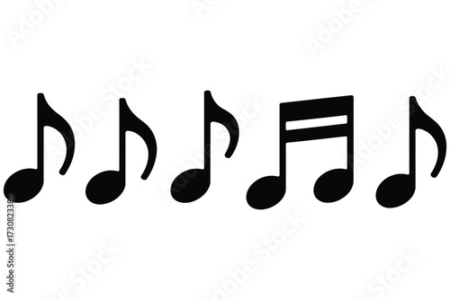 Set of black musical notes, elegantly arranged for a harmonious visual representation of melody and rhythm