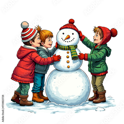 Children decorating snowman with joy in snowy yard