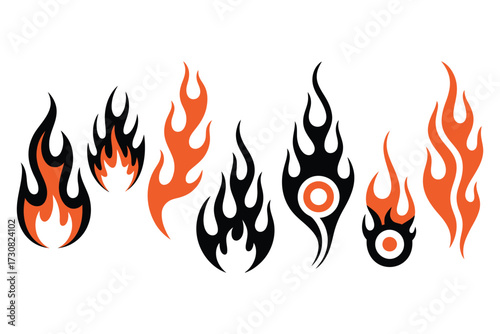 Set of graphic design elements depicting stylized flames in black and orange, abstract artistic representations of fire
