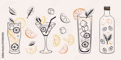 Hand drawn collection of refreshing summer cocktails with citrus fruits ice cubes and mint leaves