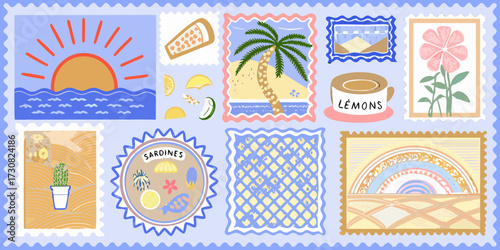 Collection of whimsical hand drawn postage stamps featuring summer vacation themes and tropical motifs