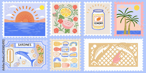 Collection of six whimsical illustrated postage stamps featuring coastal themes and food items