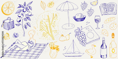 Summer picnic scene with woman relaxing under umbrella food drinks and sailboat illustration