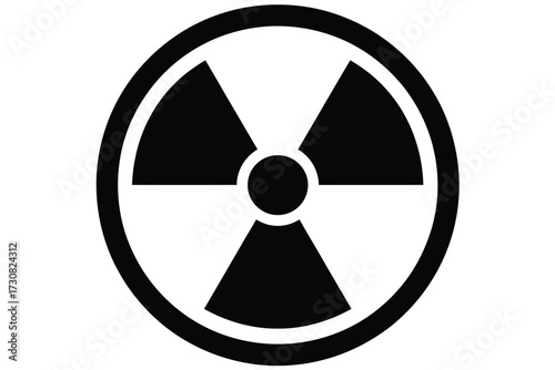 Bold black and white graphic of the universal radiation warning symbol, clearly signifying nuclear energy hazards and radioactive material danger