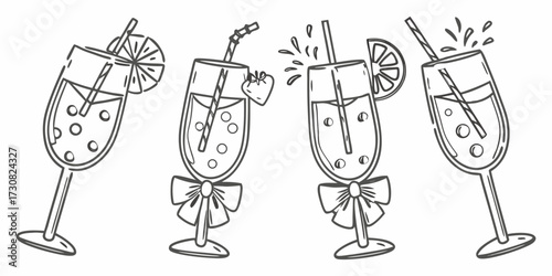Set of four hand drawn outline champagne glasses with drinks and garnishes