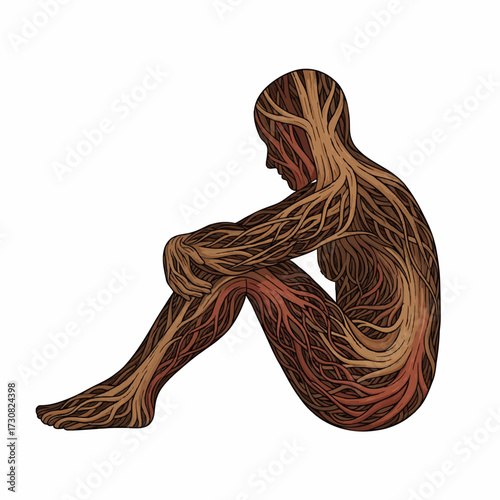 Intricate anatomical illustration of a human figure formed by a dense network of veins and roots, symbolizing life and connection