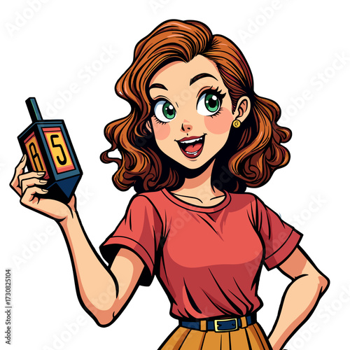 Girl holding dreidel with excitement on transparent background