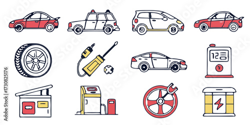 Set of Colorful Vector Car Icons and Automotive Tools