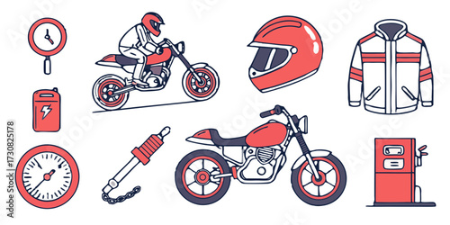 Vector illustrations of motorcycle and rider with helmet on black background