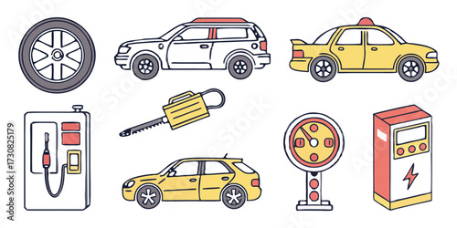 Set of Colorful Vector Icons Representing Cars and Related Items