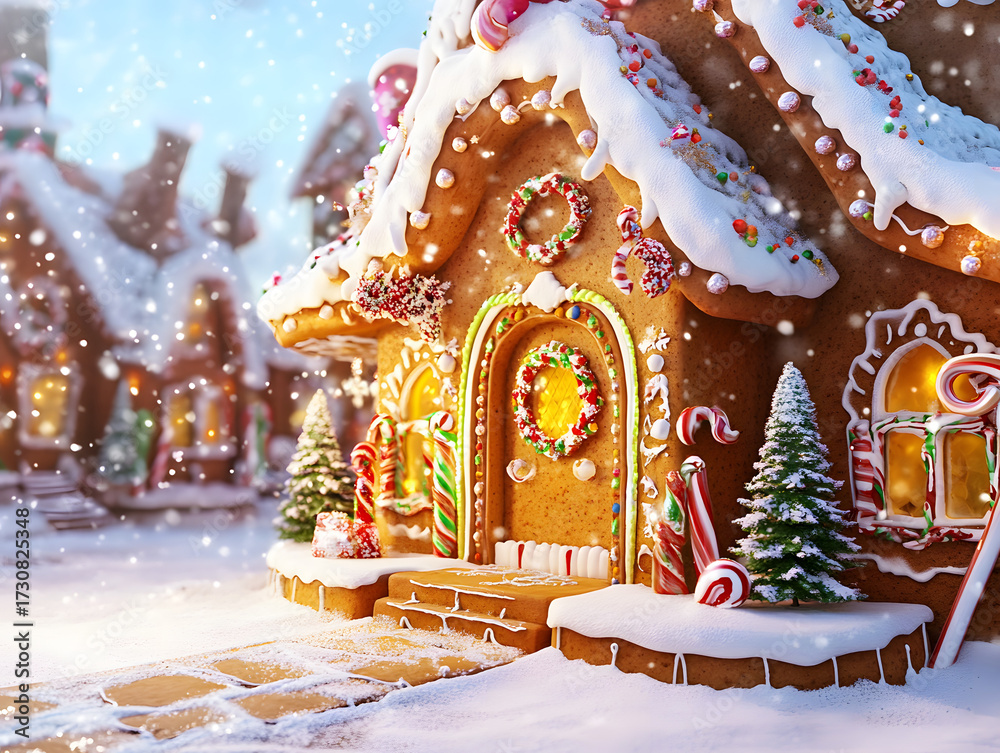 Naklejka premium Charming Gingerbread House in Snowy Winter Scene