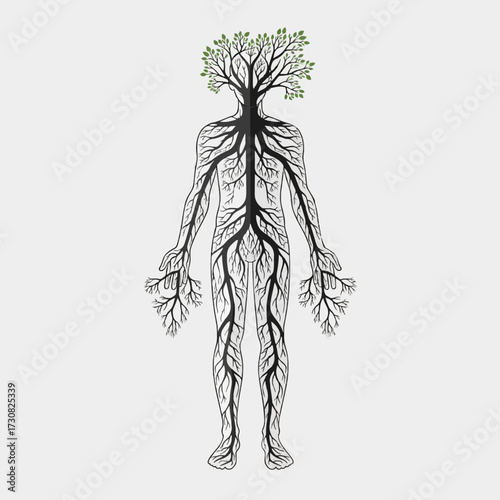 Conceptual illustration of the human body intertwined with nature, featuring a tree head and a root system representing the circulatory or nervous system