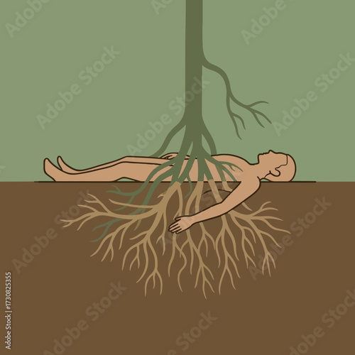 Symbolic illustration of the circle of life where a decomposing human body nourishes the roots of a growing tree