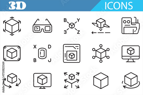 3D UI Icons — Clean Line Cubes, XYZ Axes, Rotate, Scale, Translate, Viewport & Mesh