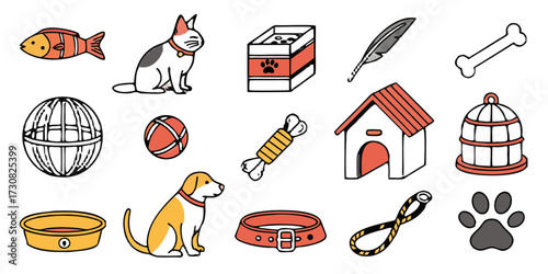 Colorful Icon Set Representing Pets and Accessories