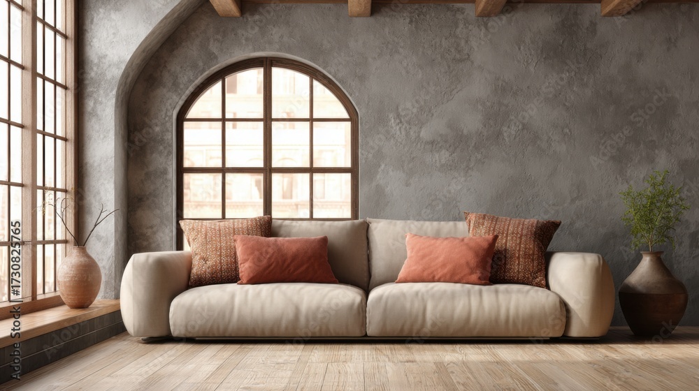 Fototapeta premium A bright living room features a light-colored sofa adorned with decorative pillows.