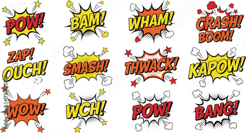 Colorful comic book explosion text illustration with retro pop art style, speech bubble sound effects, dynamic cartoon expression design vector