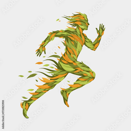 Stylized human figure in a dynamic running pose, composed of flowing green and orange leaves symbolizing vitality and a deep connection to nature