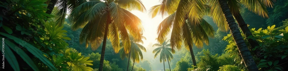 Obraz premium Tranquil Palm Trees Swaying in a Lush Vibrant Forest Idyllic Relaxation Scene