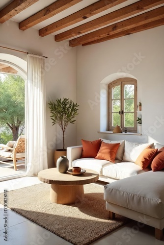 Sunlit Mediterranean Living Room Whitewashed Walls, Exposed Beams, and Terracotta Accents Create a Serene and Inviting Atmosphere. Perfect for Relaxation and Home Decor Inspiration.