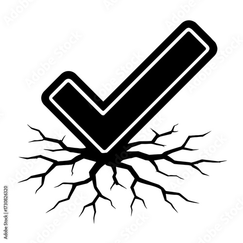 Check Mark Breaking Through Cracked Ground - Symbol for Validation, Strength, and Foundation